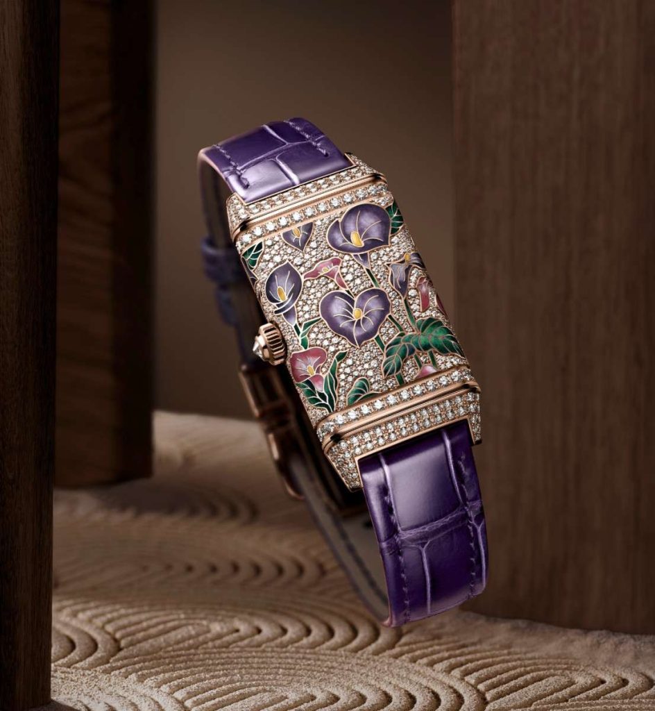 The back of the Reverso One Precious Flowers showcases an ornate flower pattern in enamel and diamonds